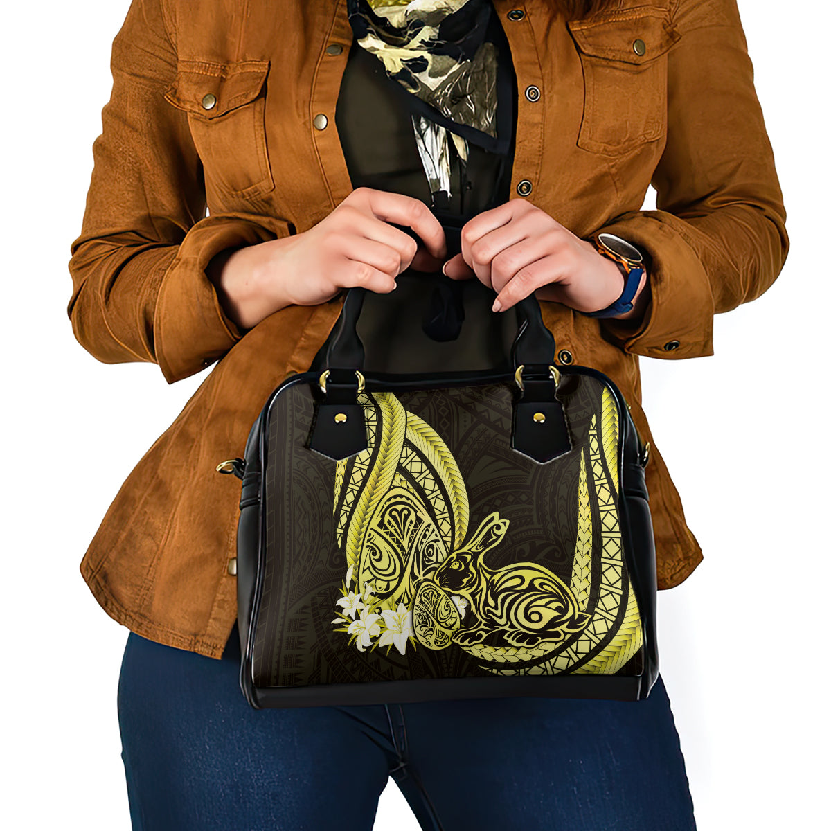 Yellow Polynesia Easter Day Shoulder Handbag Eggs With Bunny Polynesian Pattern