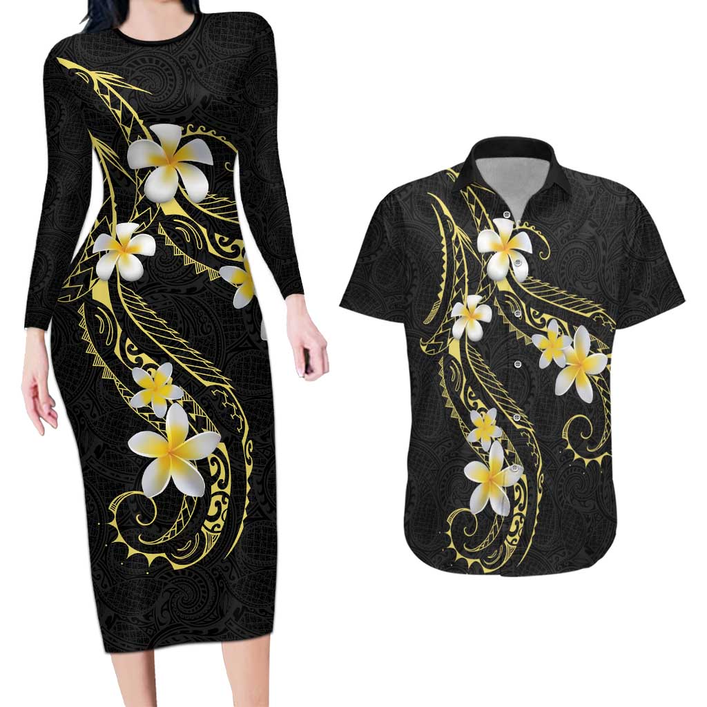 Polynesia Tattoo With Plumeria Couples Matching Long Sleeve Bodycon Dress and Hawaiian Shirt Elegant Vibes LT14 Black - Polynesian Pride
