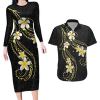 Polynesia Tattoo With Plumeria Couples Matching Long Sleeve Bodycon Dress and Hawaiian Shirt Elegant Vibes LT14 Black - Polynesian Pride