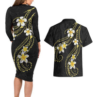 Polynesia Tattoo With Plumeria Couples Matching Long Sleeve Bodycon Dress and Hawaiian Shirt Elegant Vibes LT14 - Polynesian Pride
