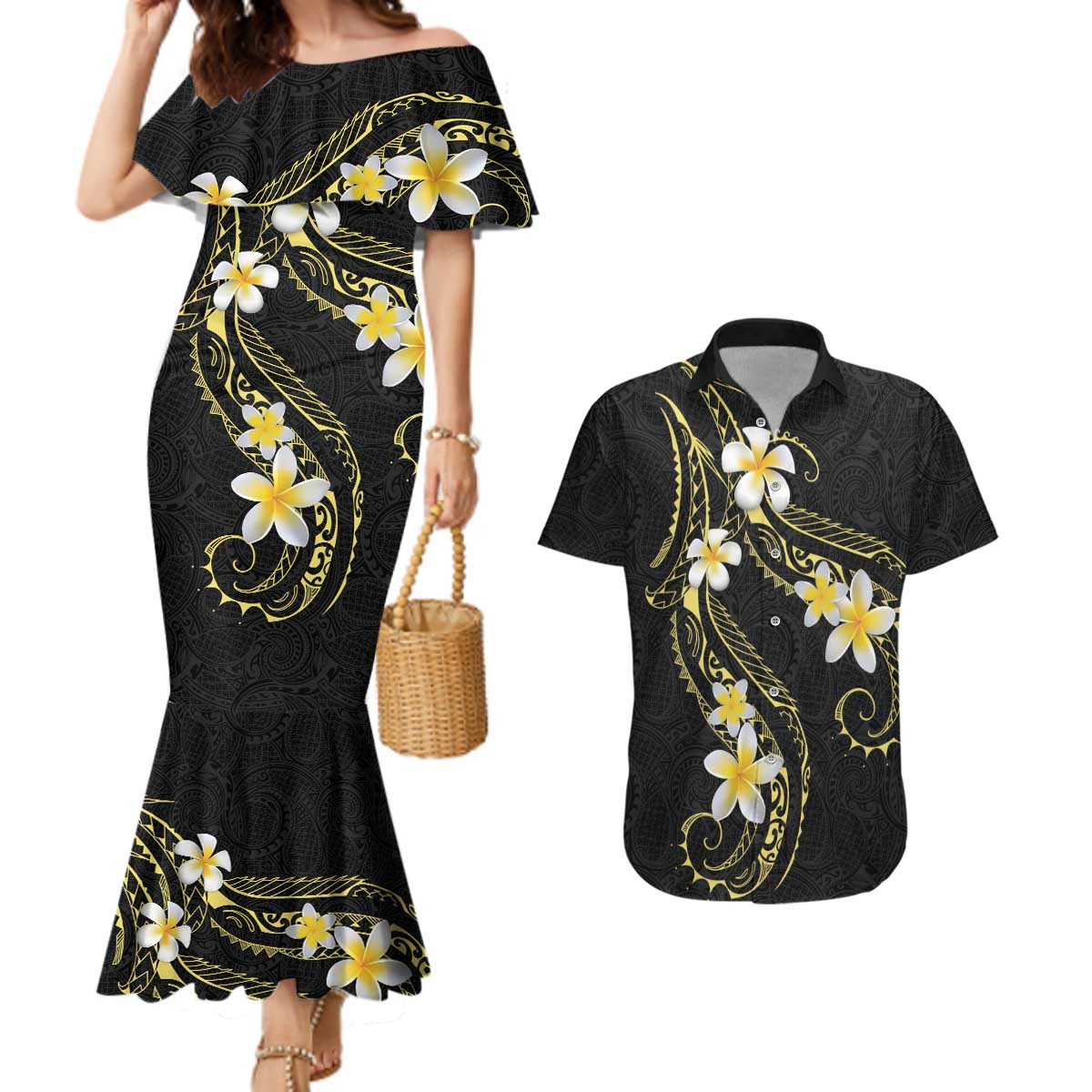 Polynesia Tattoo With Plumeria Couples Matching Mermaid Dress and Hawaiian Shirt Elegant Vibes