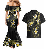Polynesia Tattoo With Plumeria Couples Matching Mermaid Dress and Hawaiian Shirt Elegant Vibes