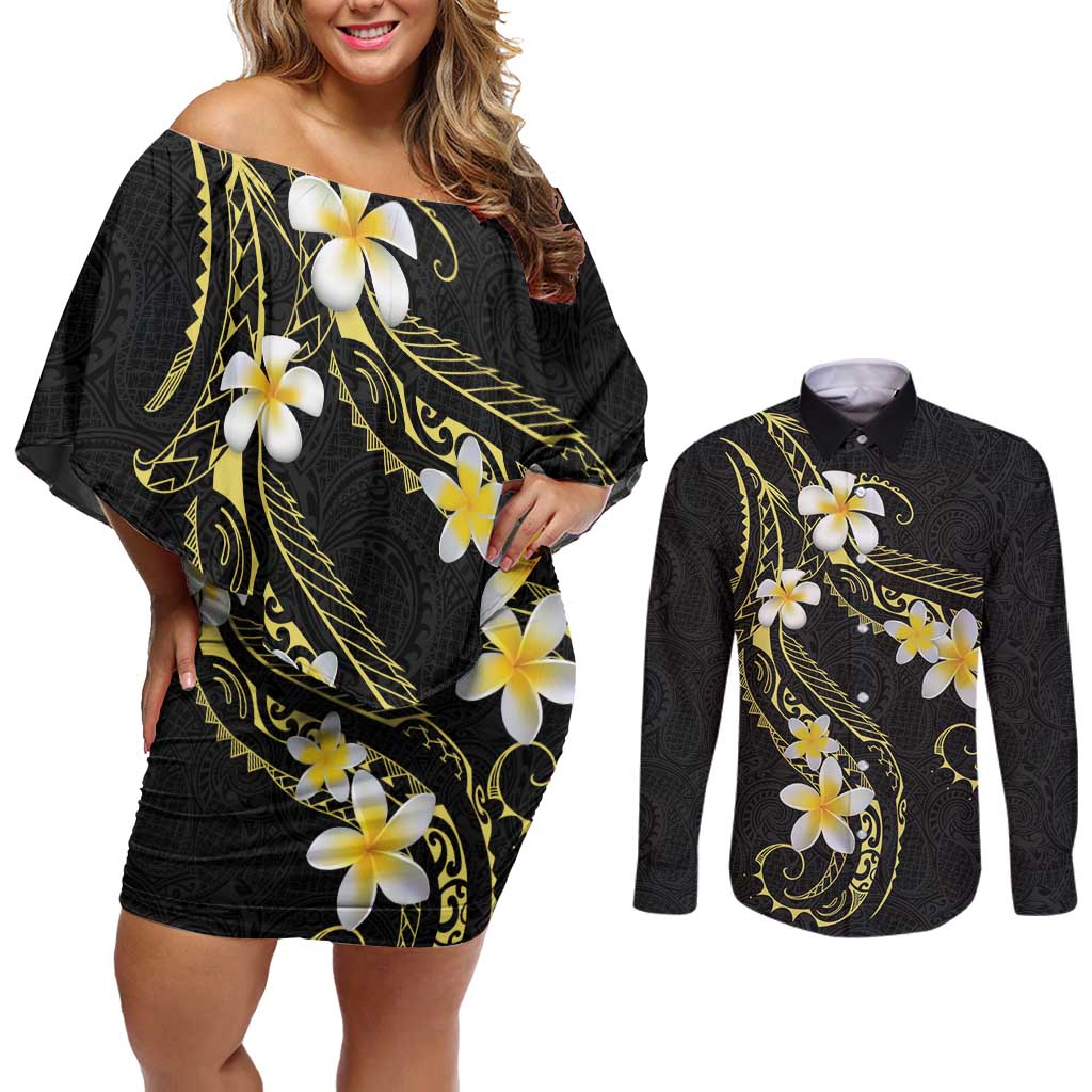Polynesia Tattoo With Plumeria Couples Matching Off Shoulder Short Dress and Long Sleeve Button Shirt Elegant Vibes