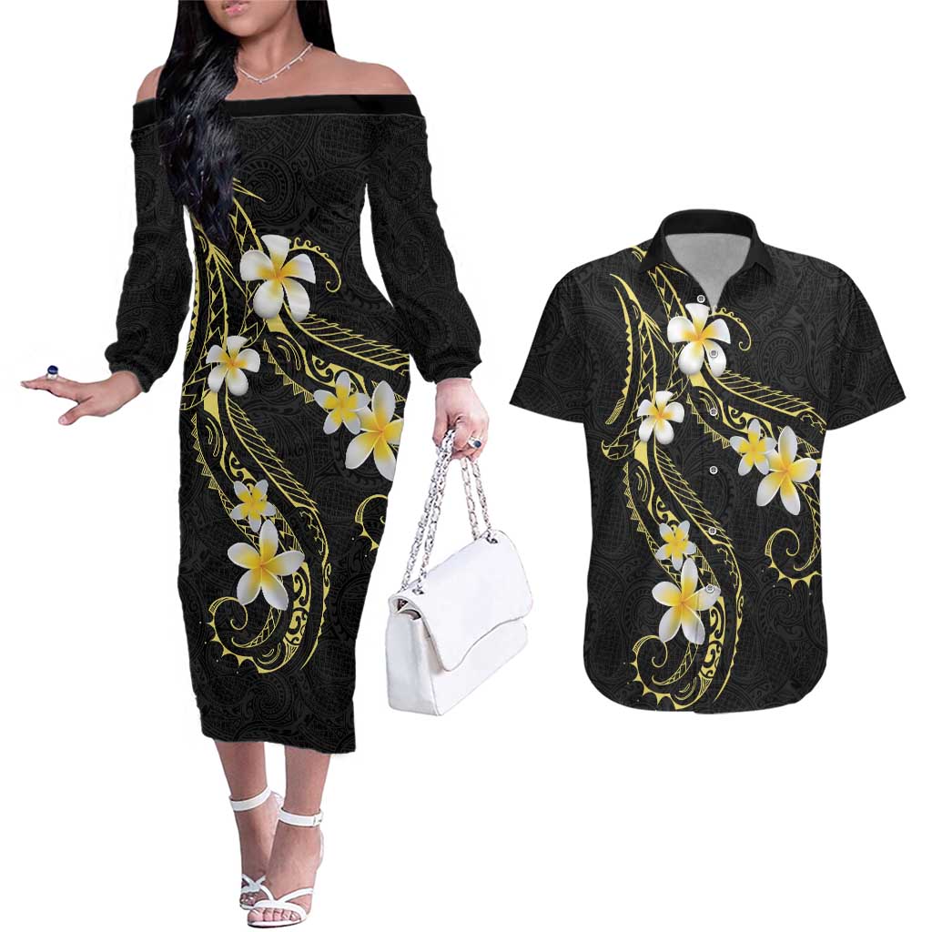 Polynesia Tattoo With Plumeria Couples Matching Off The Shoulder Long Sleeve Dress and Hawaiian Shirt Elegant Vibes LT14 Black - Polynesian Pride