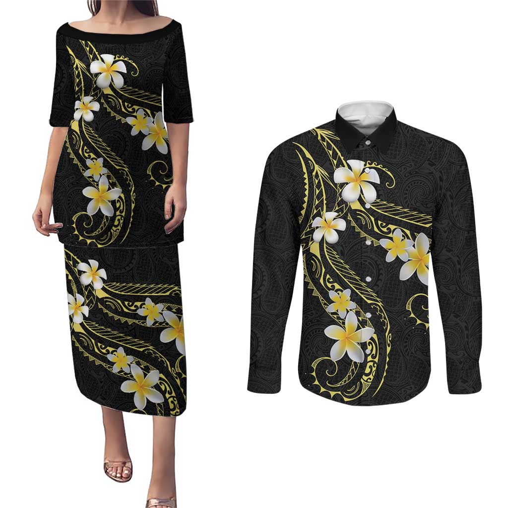 Polynesia Tattoo With Plumeria Couples Matching Puletasi and Long Sleeve Button Shirt Elegant Vibes