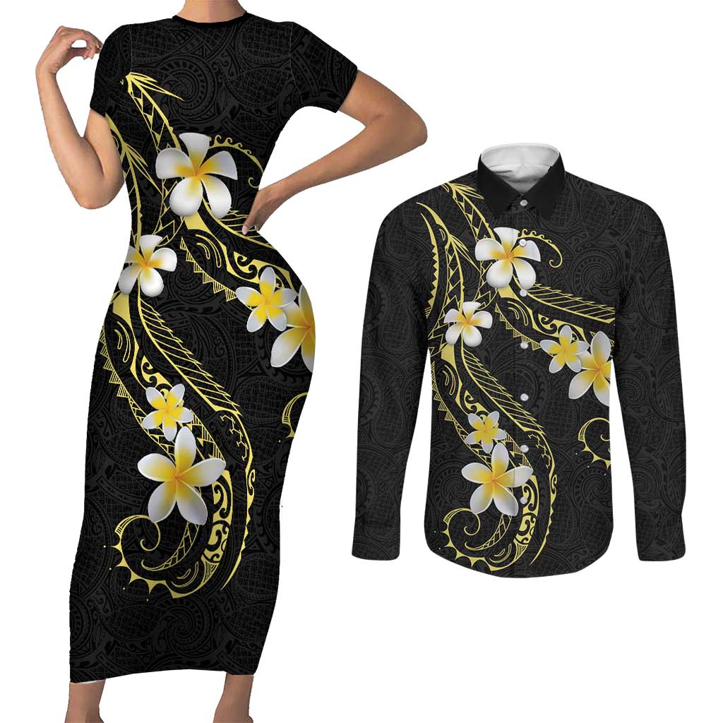 Polynesia Tattoo With Plumeria Couples Matching Short Sleeve Bodycon Dress and Long Sleeve Button Shirt Elegant Vibes