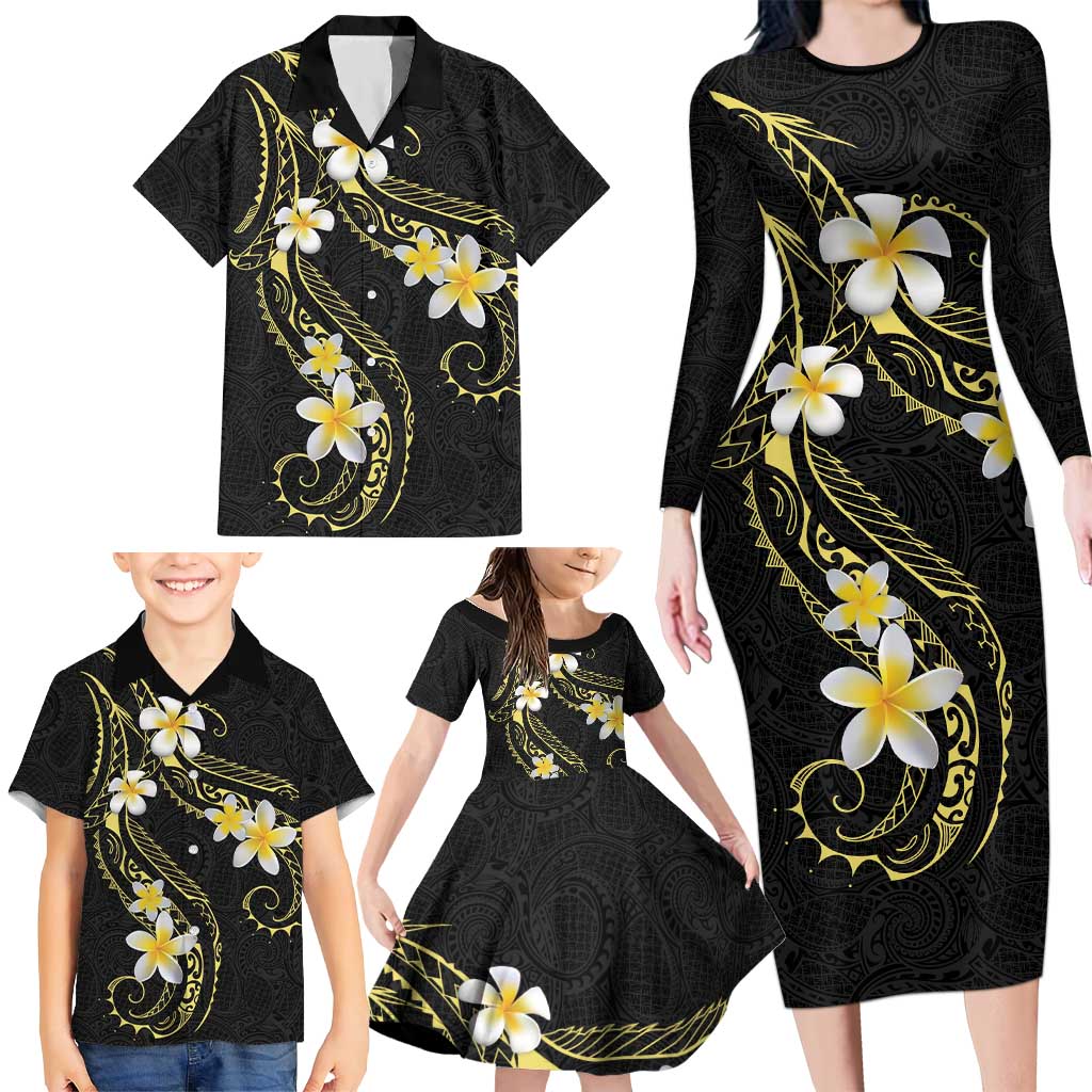Polynesia Tattoo With Plumeria Family Matching Long Sleeve Bodycon Dress and Hawaiian Shirt Elegant Vibes