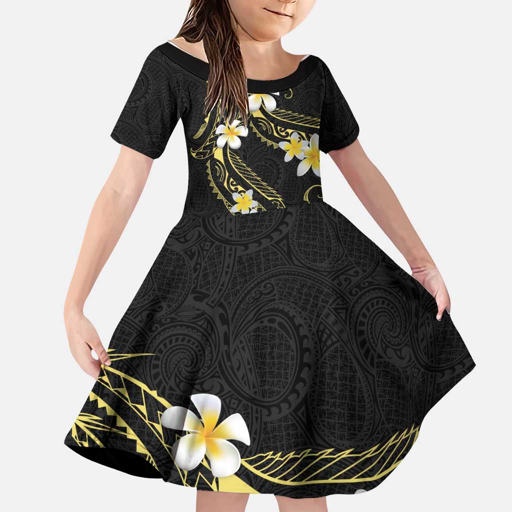 Polynesia Tattoo With Plumeria Family Matching Mermaid Dress and Hawaiian Shirt Elegant Vibes LT14 Daughter's Dress Black - Polynesian Pride