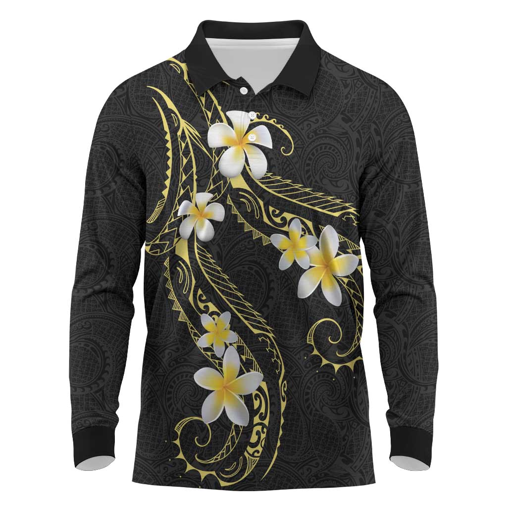 Polynesia Tattoo With Plumeria Long Sleeve Polo Shirt Elegant Vibes LT14 Black - Polynesian Pride