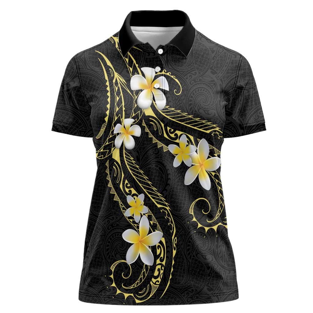 Polynesia Tattoo With Plumeria Women Polo Shirt Elegant Vibes LT14 Female Black - Polynesian Pride