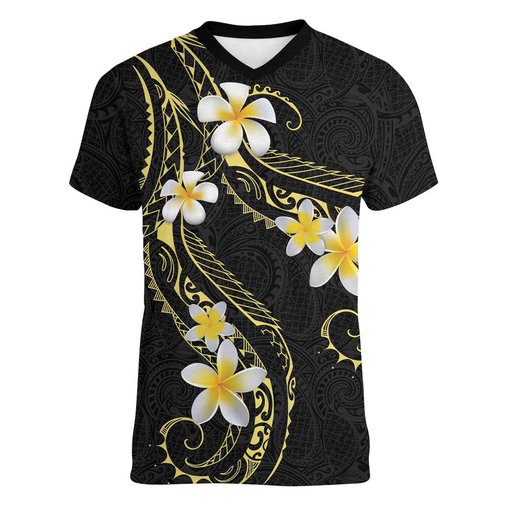Polynesia Tattoo With Plumeria Women V-Neck T-Shirt Elegant Vibes LT14 Female Black - Polynesian Pride
