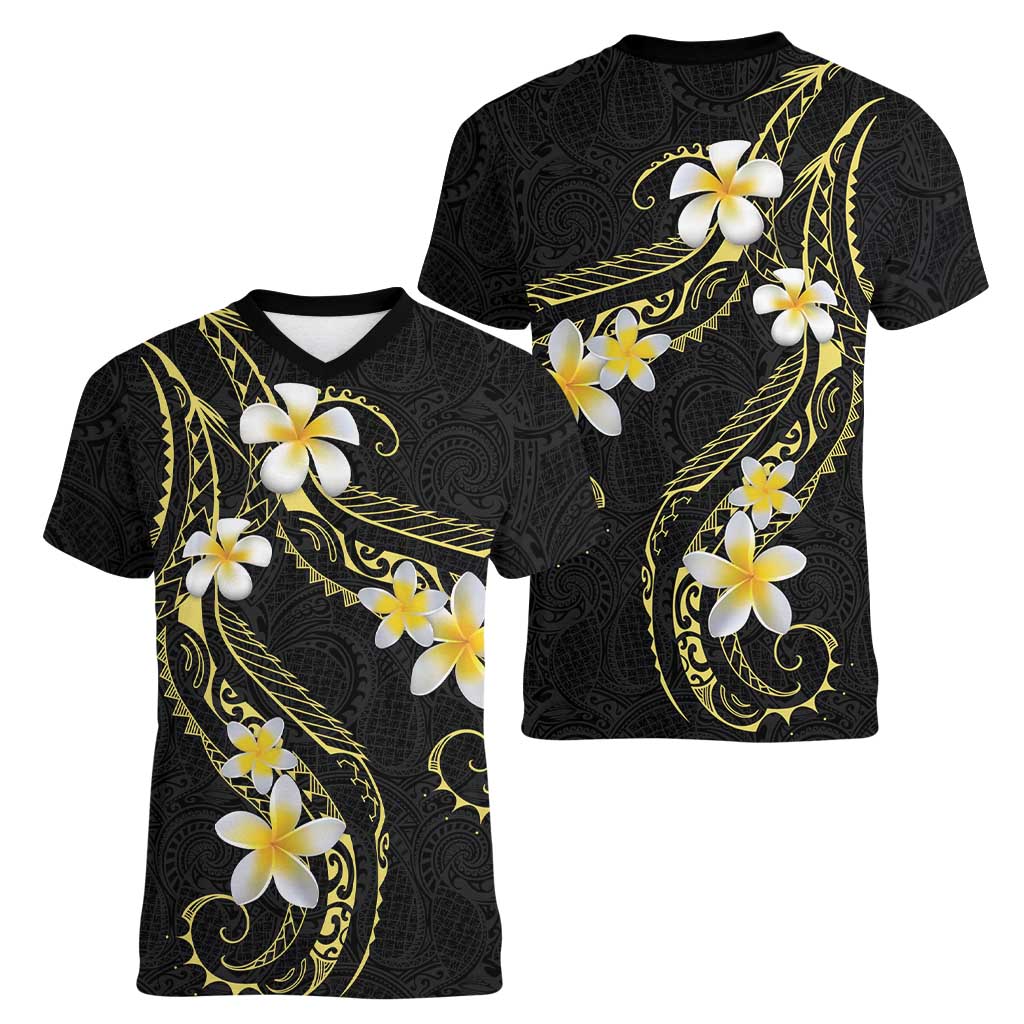 Polynesia Tattoo With Plumeria Women V-Neck T-Shirt Elegant Vibes LT14 - Polynesian Pride