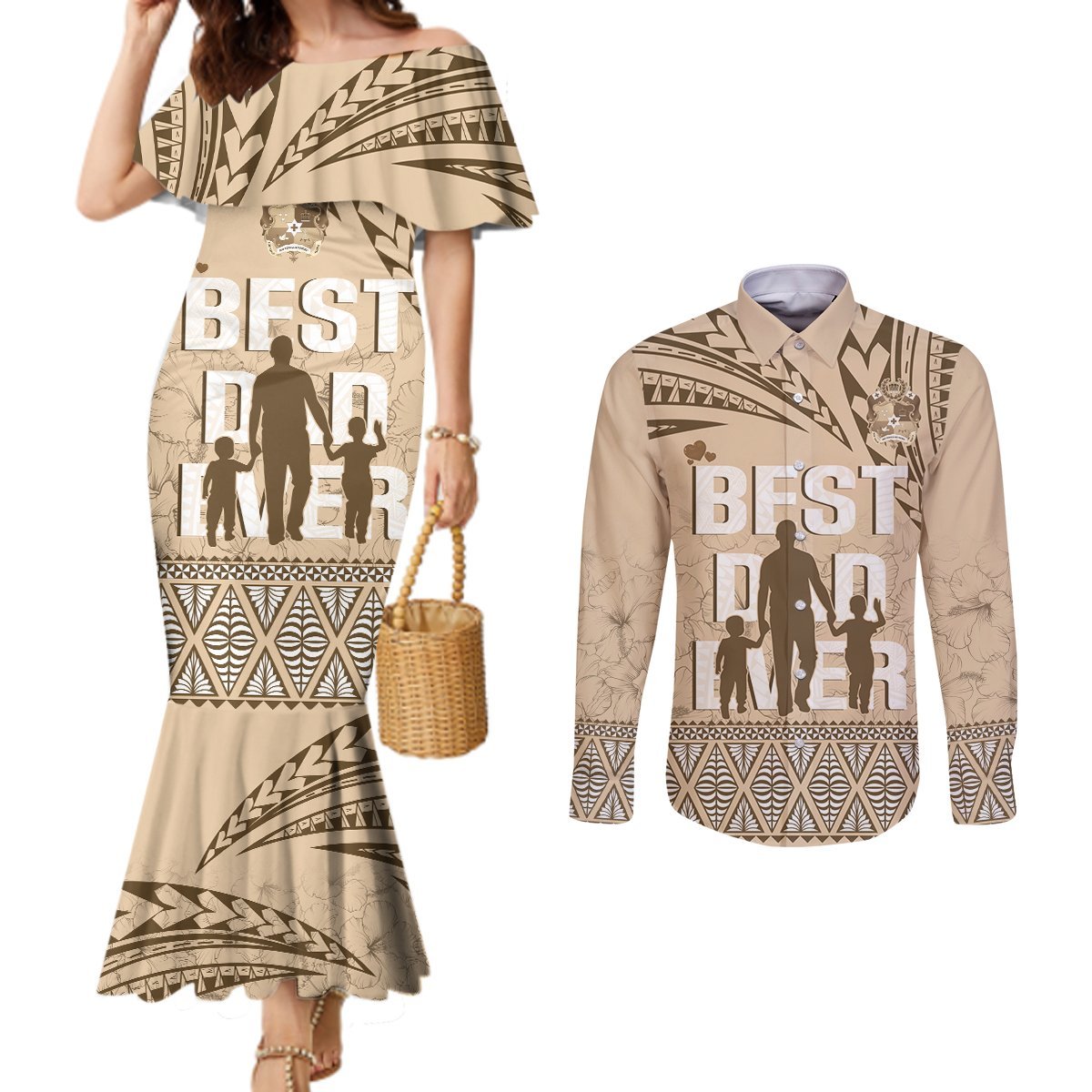 Tonga Father's Day Couples Matching Mermaid Dress and Long Sleeve Button Shirt Best Dad Ever Tongan Ngatu Pattern - Beige LT14 Beige - Polynesian Pride