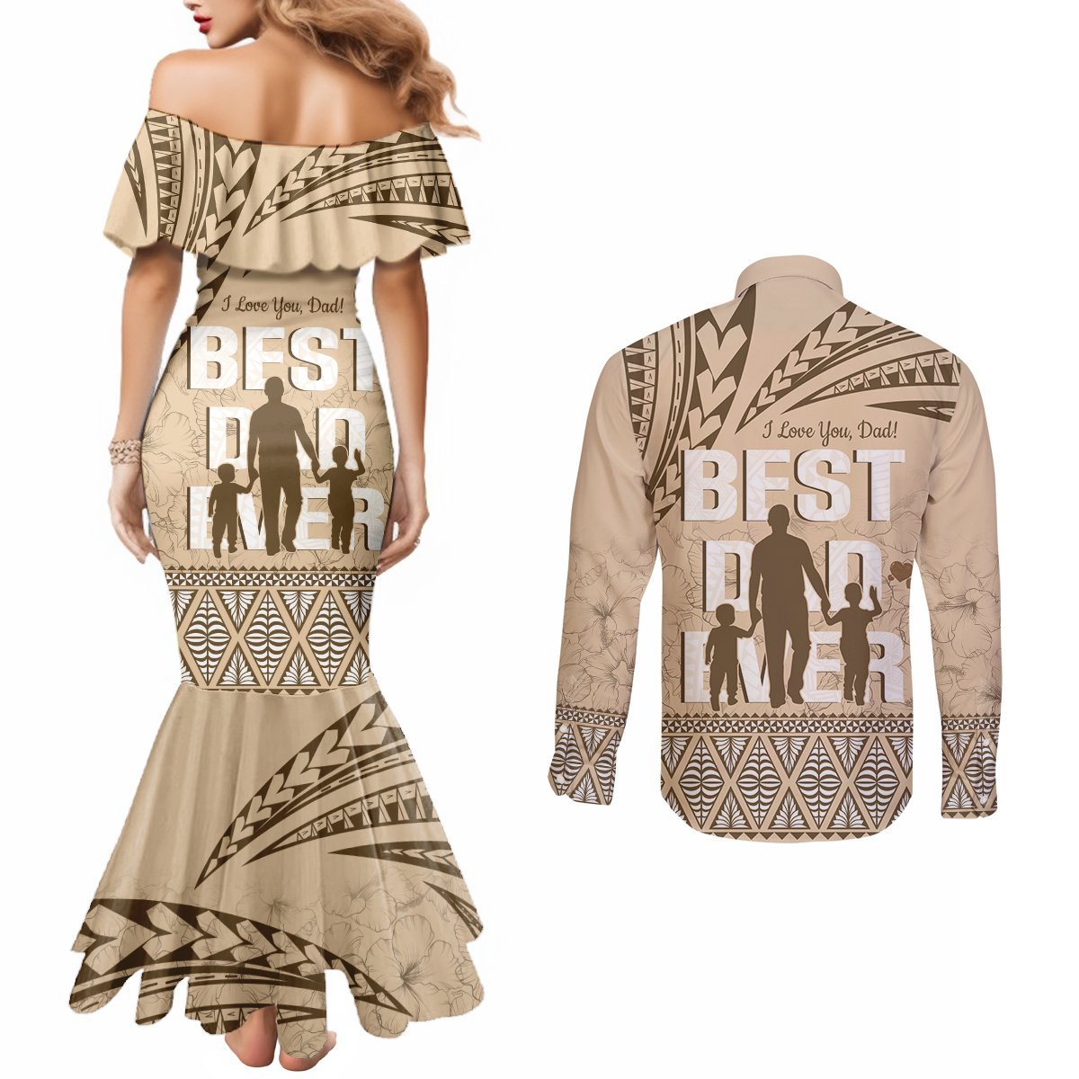 Tonga Father's Day Couples Matching Mermaid Dress and Long Sleeve Button Shirt Best Dad Ever Tongan Ngatu Pattern - Beige LT14 - Polynesian Pride