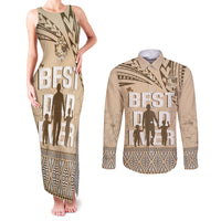 Tonga Father's Day Couples Matching Tank Maxi Dress and Long Sleeve Button Shirt Best Dad Ever Tongan Ngatu Pattern - Beige LT14 Beige - Polynesian Pride