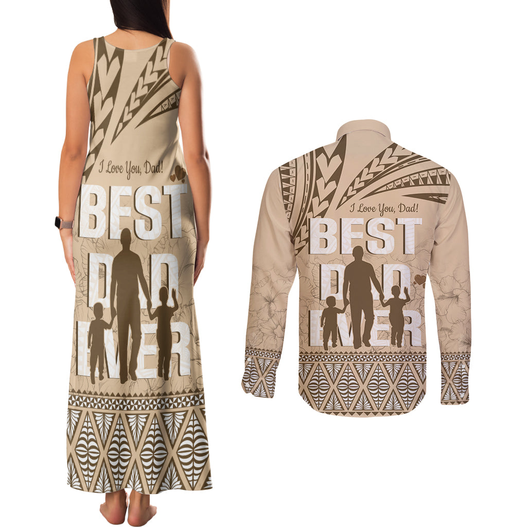 Tonga Father's Day Couples Matching Tank Maxi Dress and Long Sleeve Button Shirt Best Dad Ever Tongan Ngatu Pattern - Beige LT14 - Polynesian Pride
