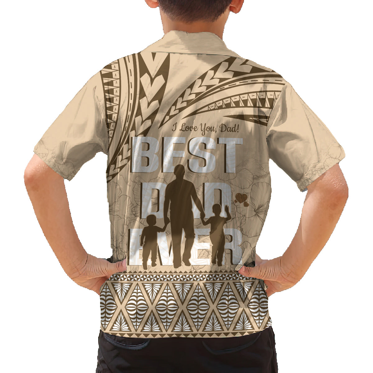 Tonga Father's Day Family Matching Long Sleeve Bodycon Dress and Hawaiian Shirt Best Dad Ever Tongan Ngatu Pattern - Beige LT14 - Polynesian Pride
