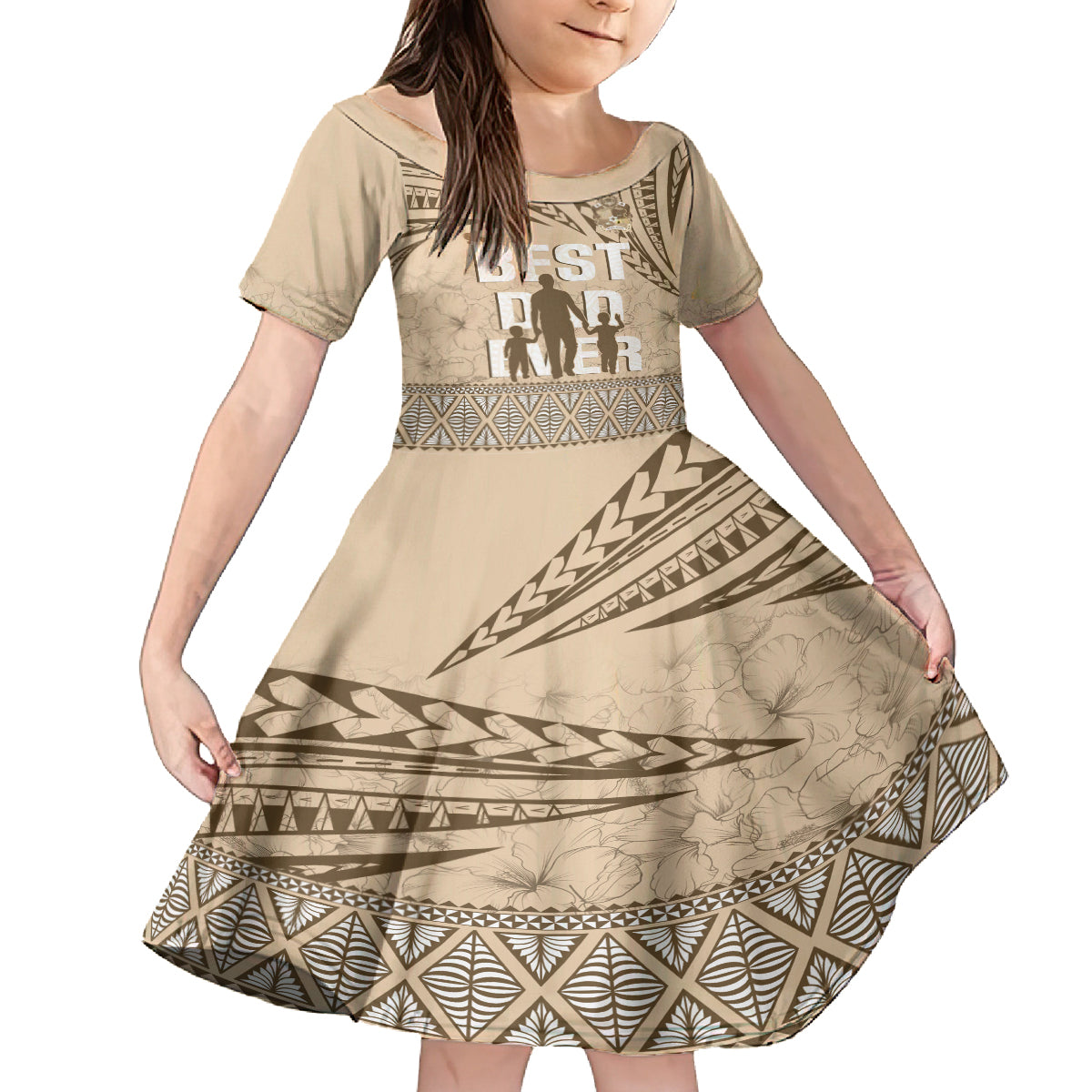 Tonga Father's Day Family Matching Long Sleeve Bodycon Dress and Hawaiian Shirt Best Dad Ever Tongan Ngatu Pattern - Beige LT14 Daughter's Dress Beige - Polynesian Pride