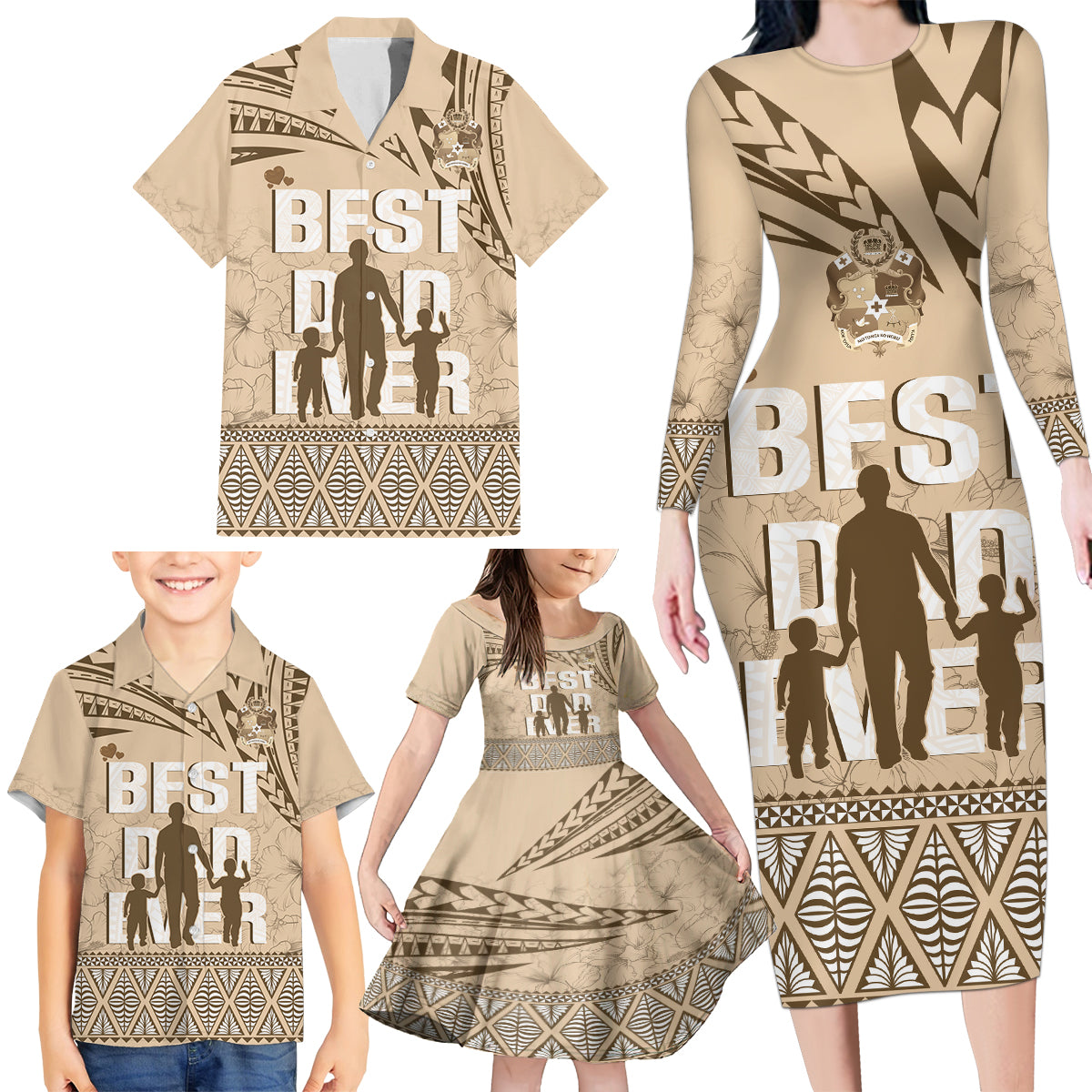 Tonga Father's Day Family Matching Long Sleeve Bodycon Dress and Hawaiian Shirt Best Dad Ever Tongan Ngatu Pattern - Beige LT14 - Polynesian Pride