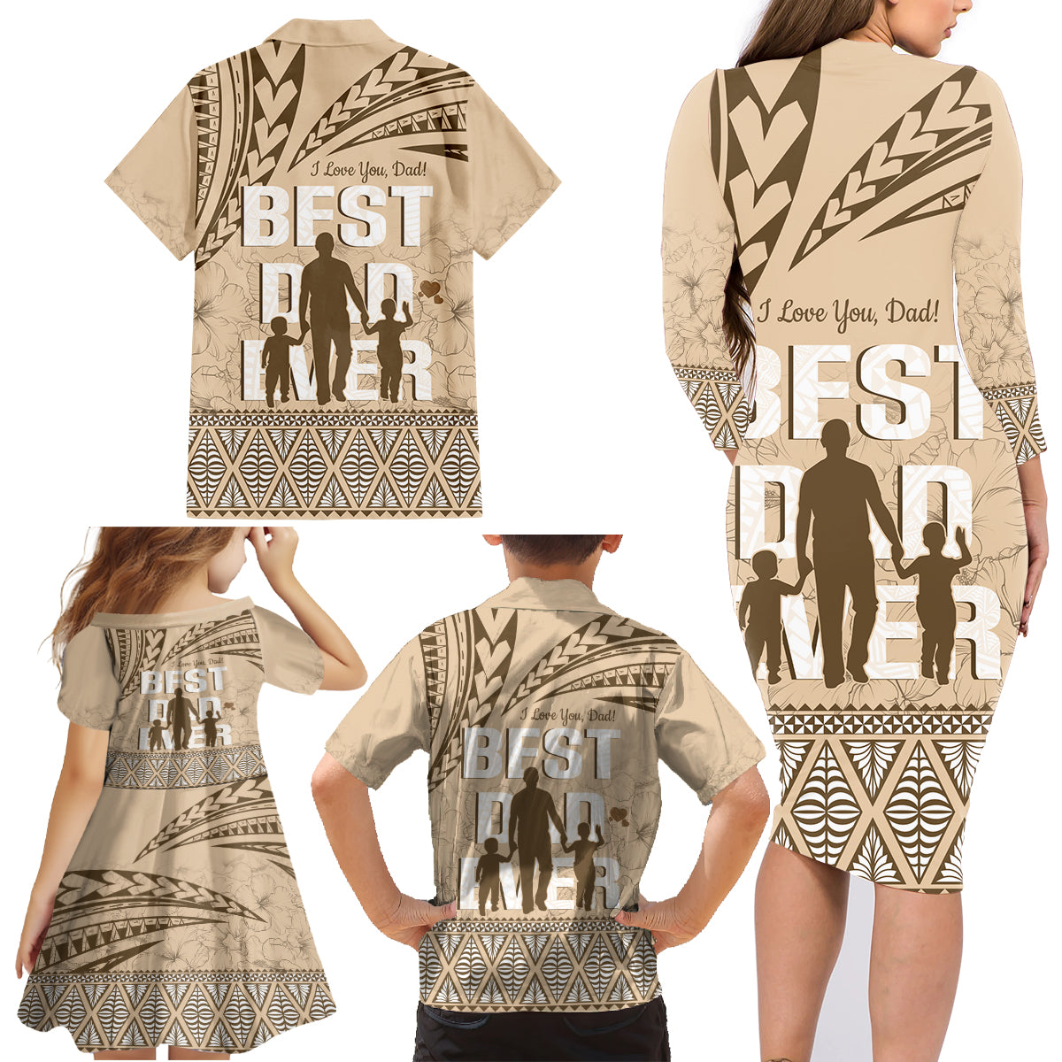 Tonga Father's Day Family Matching Long Sleeve Bodycon Dress and Hawaiian Shirt Best Dad Ever Tongan Ngatu Pattern - Beige LT14 - Polynesian Pride