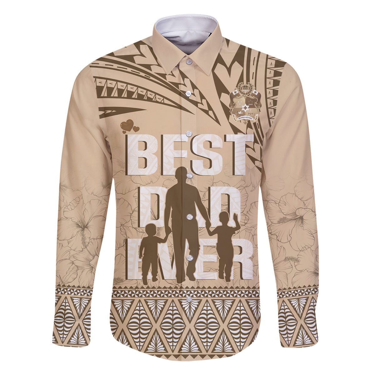 Tonga Father's Day Family Matching Long Sleeve Bodycon Dress and Hawaiian Shirt Best Dad Ever Tongan Ngatu Pattern - Beige LT14 Dad's Shirt - Long Sleeve Beige - Polynesian Pride