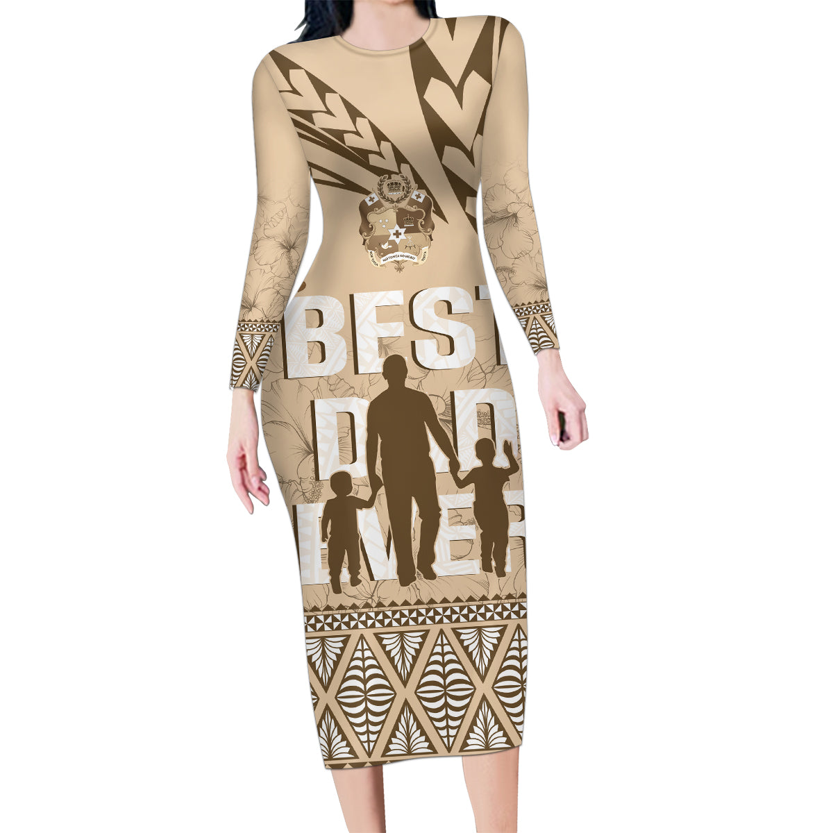 Tonga Father's Day Family Matching Long Sleeve Bodycon Dress and Hawaiian Shirt Best Dad Ever Tongan Ngatu Pattern - Beige LT14 Mom's Dress Beige - Polynesian Pride