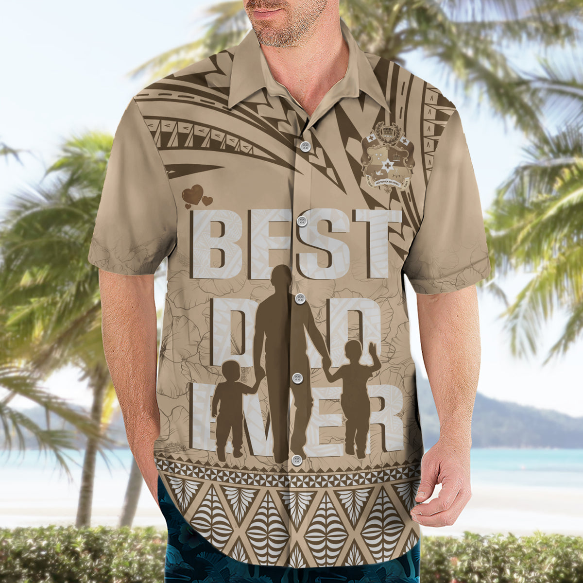 Tonga Father's Day Hawaiian Shirt Best Dad Ever Tongan Ngatu Pattern - Beige