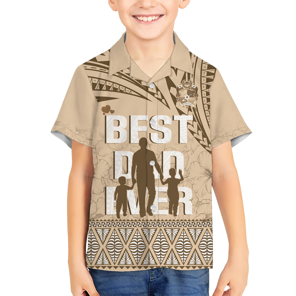 Tonga Father's Day Kid Hawaiian Shirt Best Dad Ever Tongan Ngatu Pattern - Beige LT14 Kid Beige - Polynesian Pride