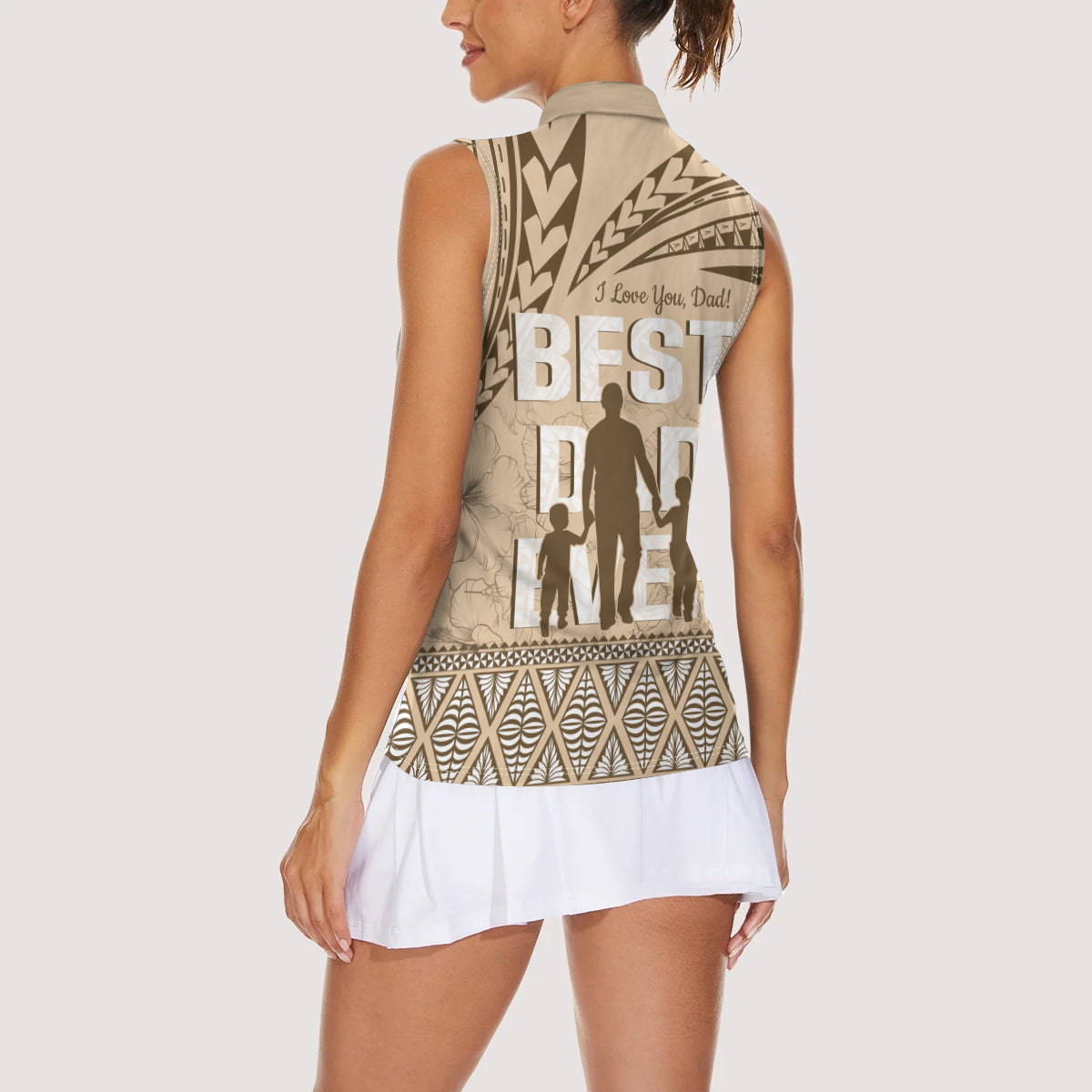 Tonga Father's Day Women Sleeveless Polo Shirt Best Dad Ever Tongan Ngatu Pattern - Beige