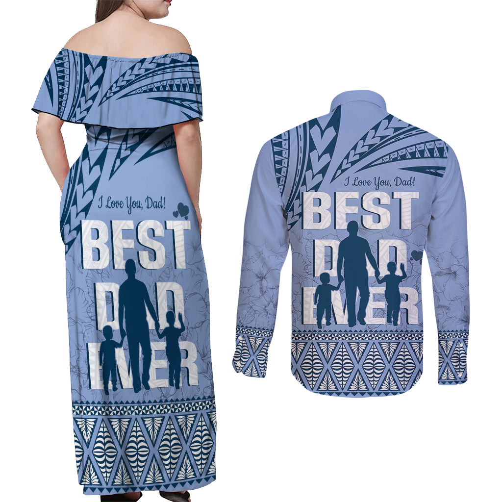 Tonga Father's Day Couples Matching Off Shoulder Maxi Dress and Long Sleeve Button Shirt Best Dad Ever Tongan Ngatu Pattern - Blue