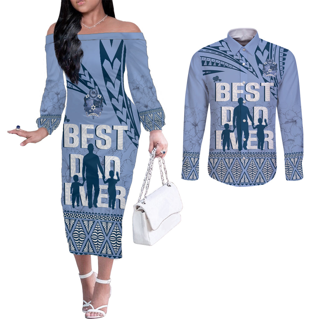 Tonga Father's Day Couples Matching Off The Shoulder Long Sleeve Dress and Long Sleeve Button Shirt Best Dad Ever Tongan Ngatu Pattern - Blue LT14 Blue - Polynesian Pride