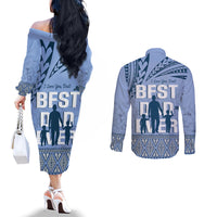 Tonga Father's Day Couples Matching Off The Shoulder Long Sleeve Dress and Long Sleeve Button Shirt Best Dad Ever Tongan Ngatu Pattern - Blue LT14 - Polynesian Pride