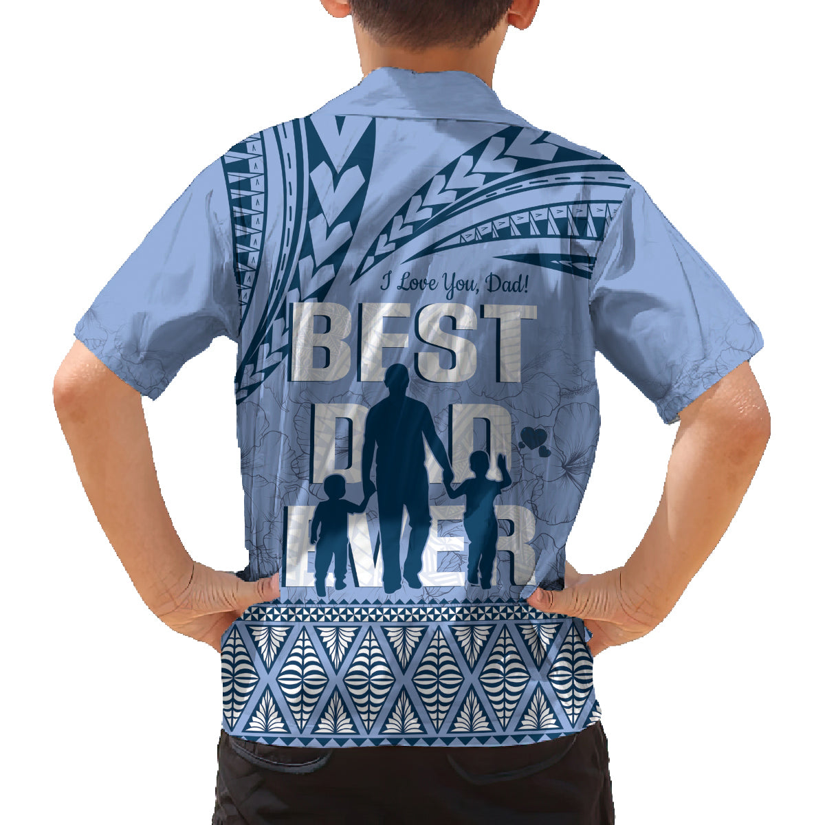 Tonga Father's Day Family Matching Off Shoulder Short Dress and Hawaiian Shirt Best Dad Ever Tongan Ngatu Pattern - Blue