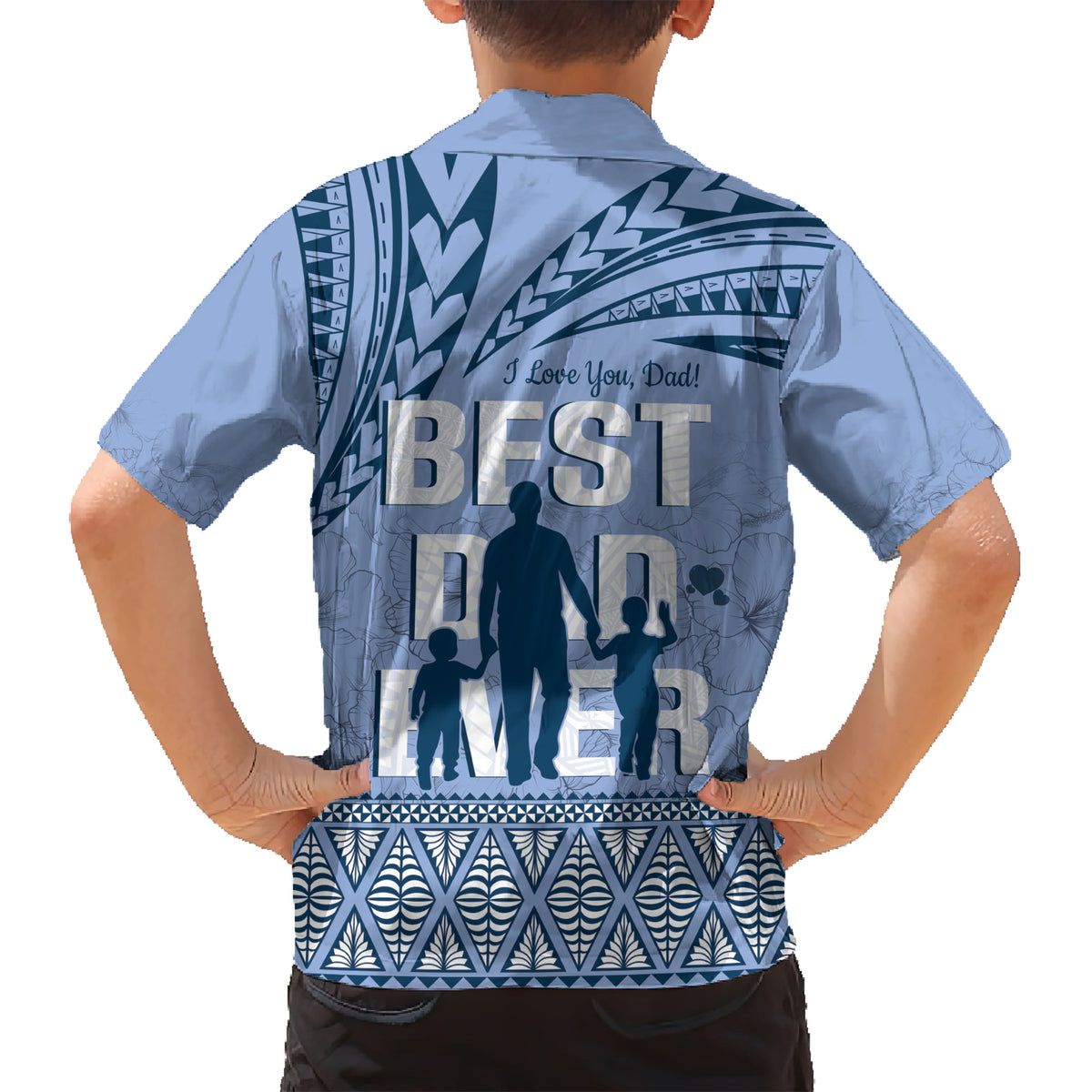 Tonga Father's Day Family Matching Short Sleeve Bodycon Dress and Hawaiian Shirt Best Dad Ever Tongan Ngatu Pattern - Blue