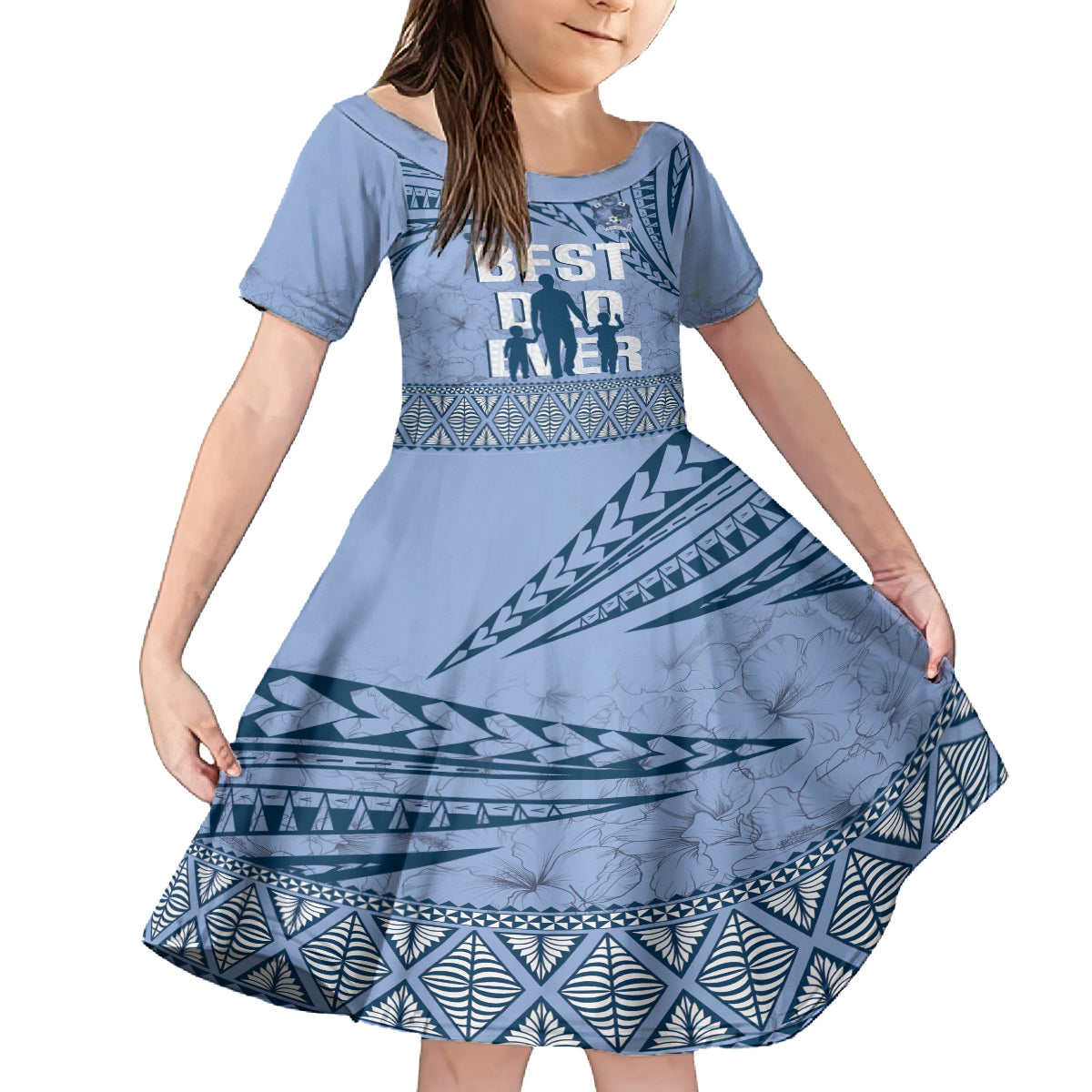 Tonga Father's Day Kid Short Sleeve Dress Best Dad Ever Tongan Ngatu Pattern - Blue LT14 KID Blue - Polynesian Pride
