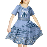 Tonga Father's Day Kid Short Sleeve Dress Best Dad Ever Tongan Ngatu Pattern - Blue LT14 - Polynesian Pride
