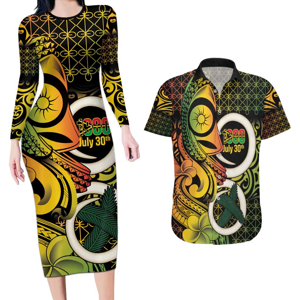 Vanuatu 1980 Couples Matching Long Sleeve Bodycon Dress and Hawaiian Shirt Ni-Van Tamtam Sand Drawing Pattern