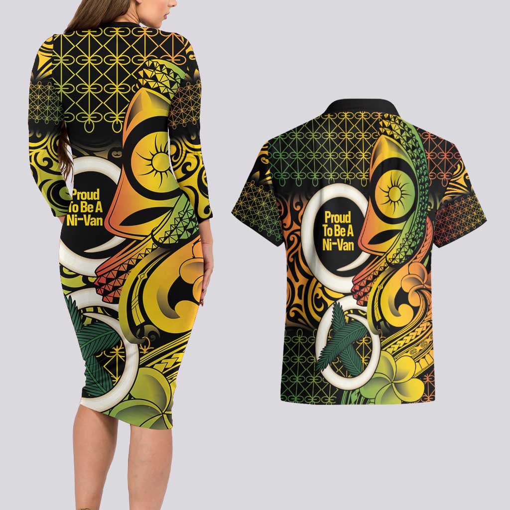 Vanuatu 1980 Couples Matching Long Sleeve Bodycon Dress and Hawaiian Shirt Ni-Van Tamtam Sand Drawing Pattern