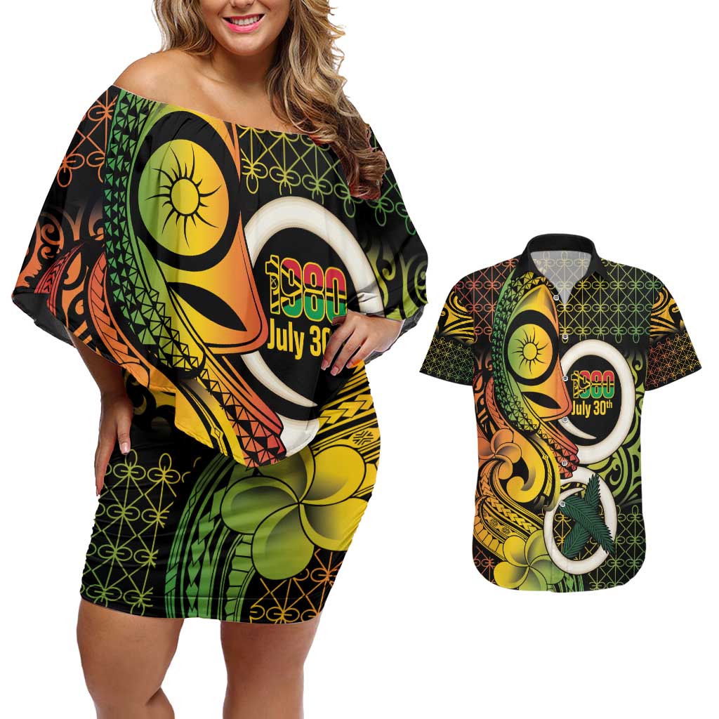 Vanuatu 1980 Couples Matching Off Shoulder Short Dress and Hawaiian Shirt Ni-Van Tamtam Sand Drawing Pattern