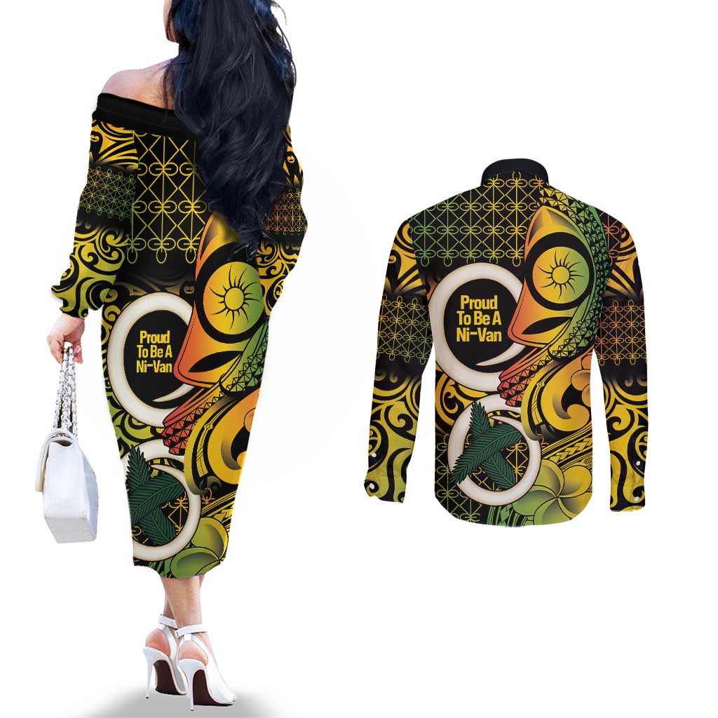 Vanuatu 1980 Couples Matching Off The Shoulder Long Sleeve Dress and Long Sleeve Button Shirt Ni-Van Tamtam Sand Drawing Pattern