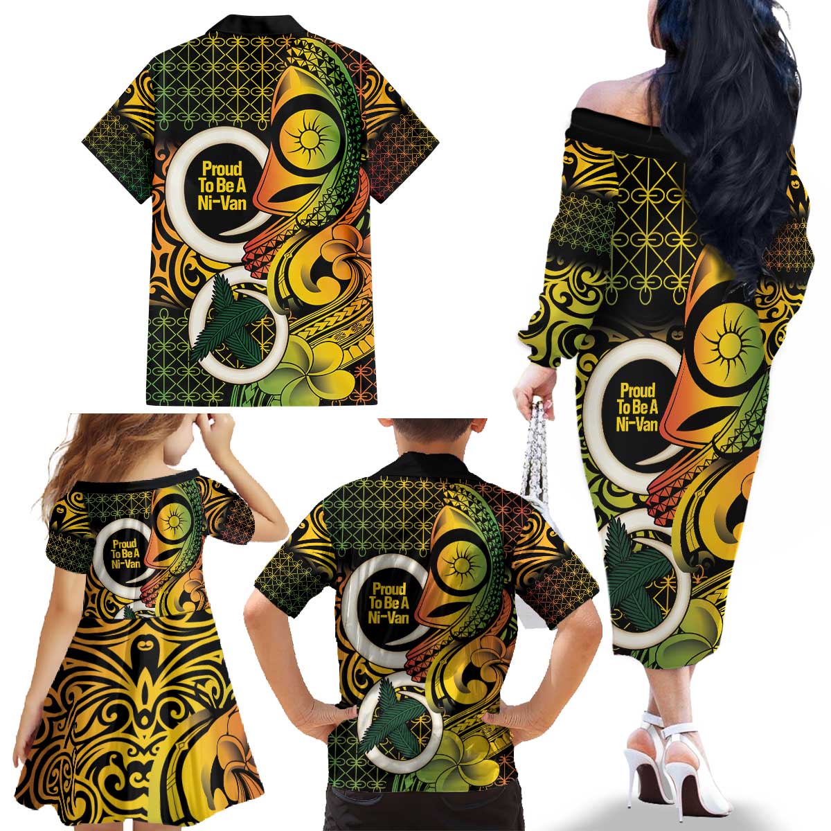 Vanuatu 1980 Family Matching Off The Shoulder Long Sleeve Dress and Hawaiian Shirt Ni-Van Tamtam Sand Drawing Pattern