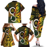Vanuatu 1980 Family Matching Off The Shoulder Long Sleeve Dress and Hawaiian Shirt Ni-Van Tamtam Sand Drawing Pattern