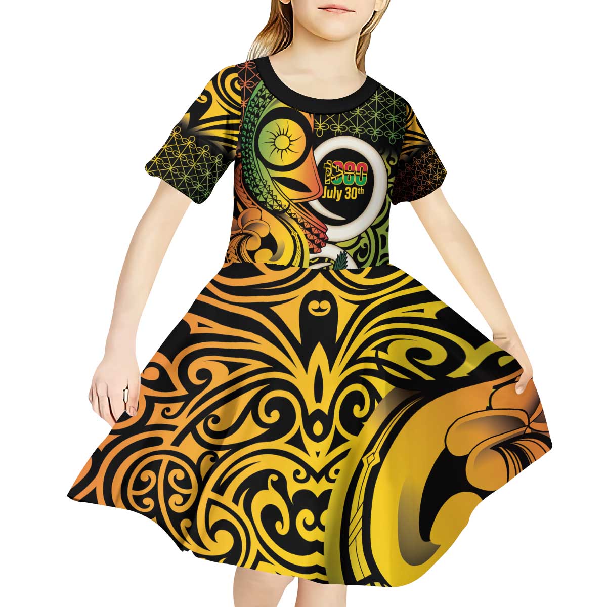 Vanuatu 1980 Kid Short Sleeve Dress Ni-Van Tamtam Sand Drawing Pattern LT14 - Polynesian Pride