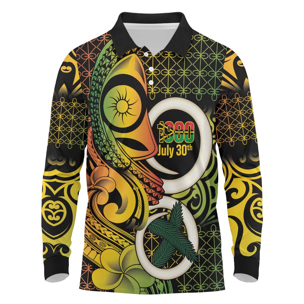 Vanuatu 1980 Long Sleeve Polo Shirt Ni-Van Tamtam Sand Drawing Pattern LT14 Black - Polynesian Pride