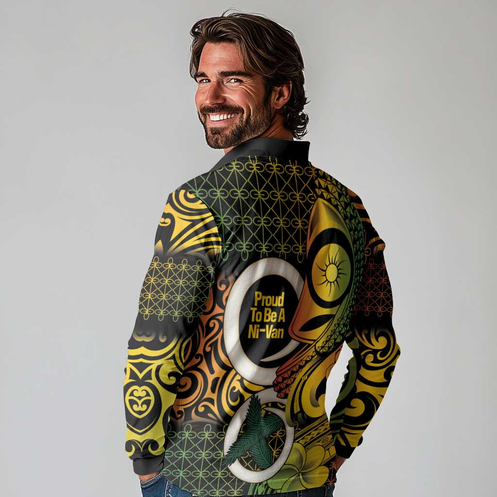 Vanuatu 1980 Long Sleeve Polo Shirt Ni-Van Tamtam Sand Drawing Pattern LT14 - Polynesian Pride