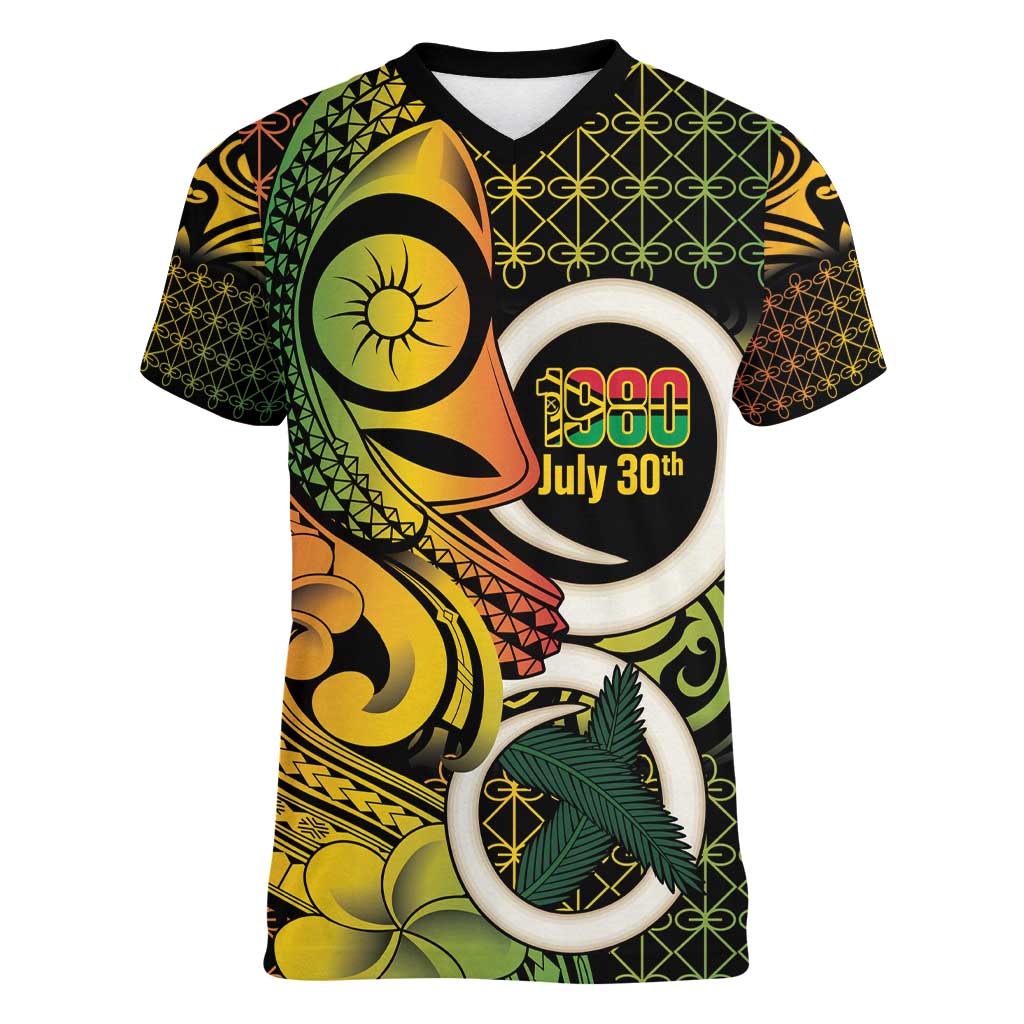 Vanuatu 1980 Women V-Neck T-Shirt Ni-Van Tamtam Sand Drawing Pattern LT14 Female Black - Polynesian Pride