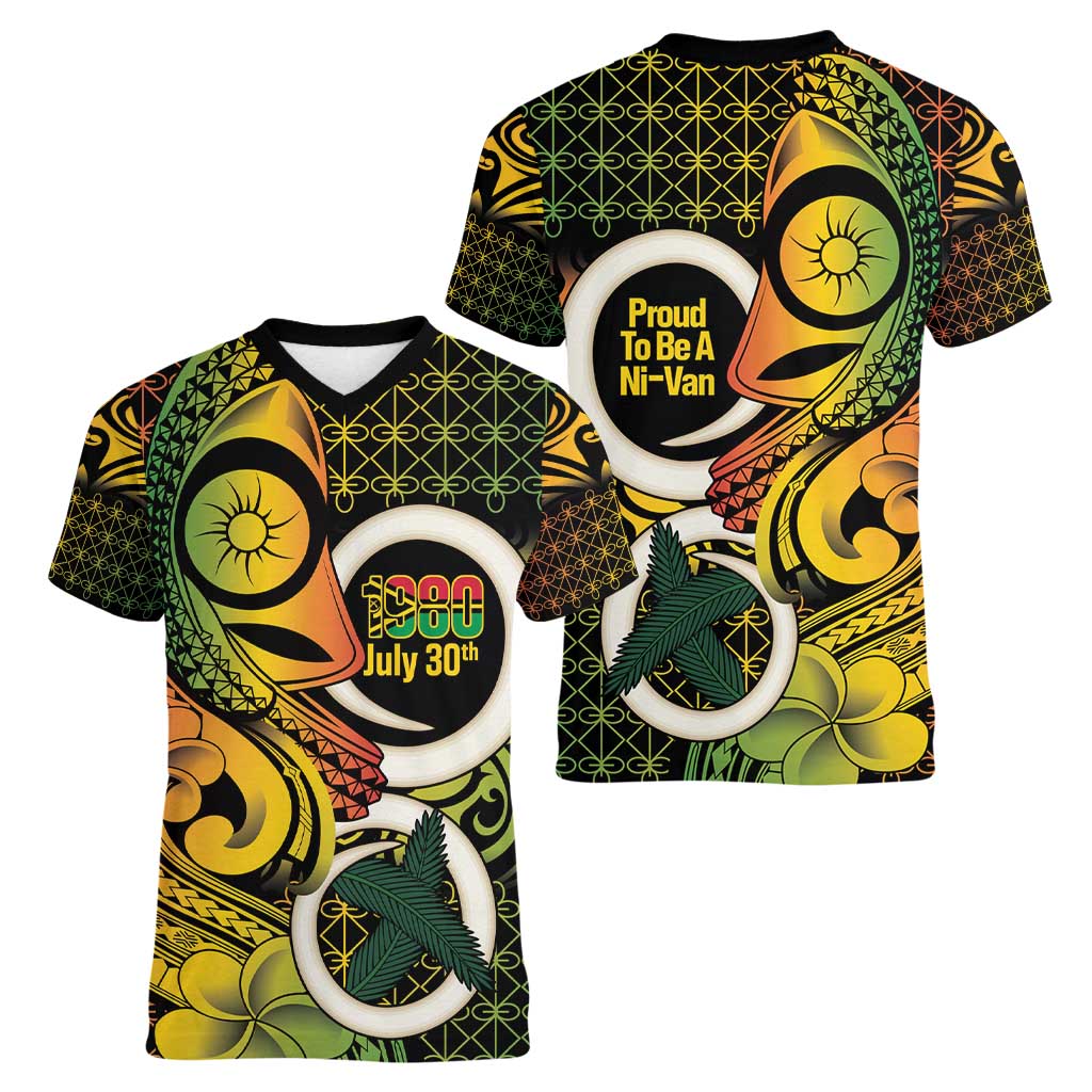 Vanuatu 1980 Women V-Neck T-Shirt Ni-Van Tamtam Sand Drawing Pattern LT14 - Polynesian Pride