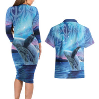 New Zealand Matariki Humpback Whale Couples Matching Long Sleeve Bodycon Dress and Hawaiian Shirt Paikea Maori New Year Blue Galaxy