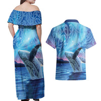 New Zealand Matariki Humpback Whale Couples Matching Off Shoulder Maxi Dress and Hawaiian Shirt Paikea Maori New Year Blue Galaxy