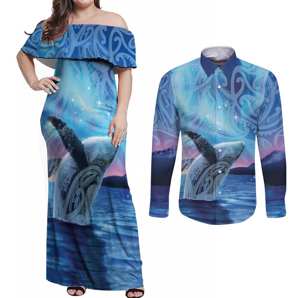 New Zealand Matariki Humpback Whale Couples Matching Off Shoulder Maxi Dress and Long Sleeve Button Shirt Paikea Maori New Year Blue Galaxy